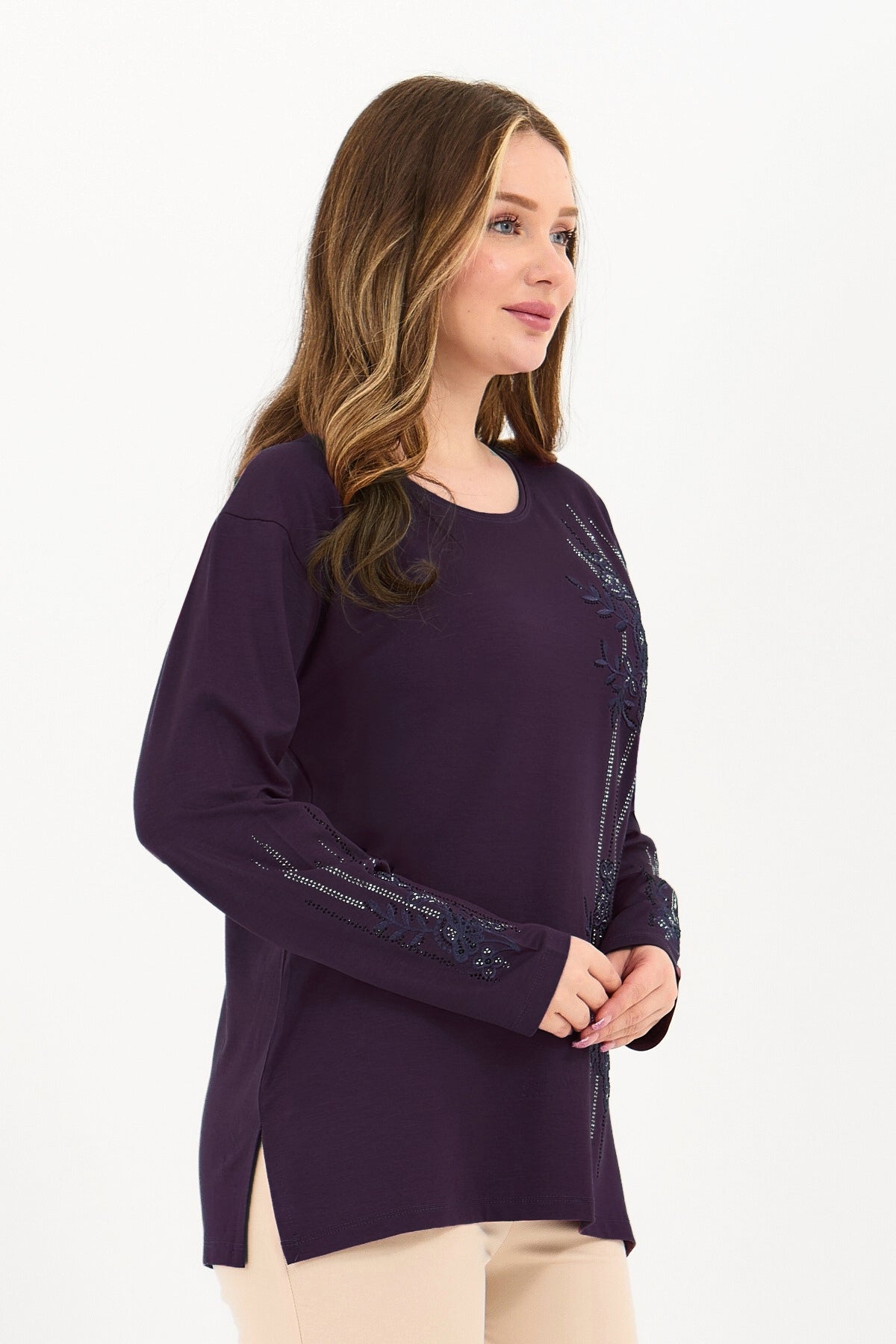 Kadın Kışlık Orta Yaş Ve Üzeri Viskon Şerit Desen Taşlı Işlemeli Likralı Anne Penye Bluz