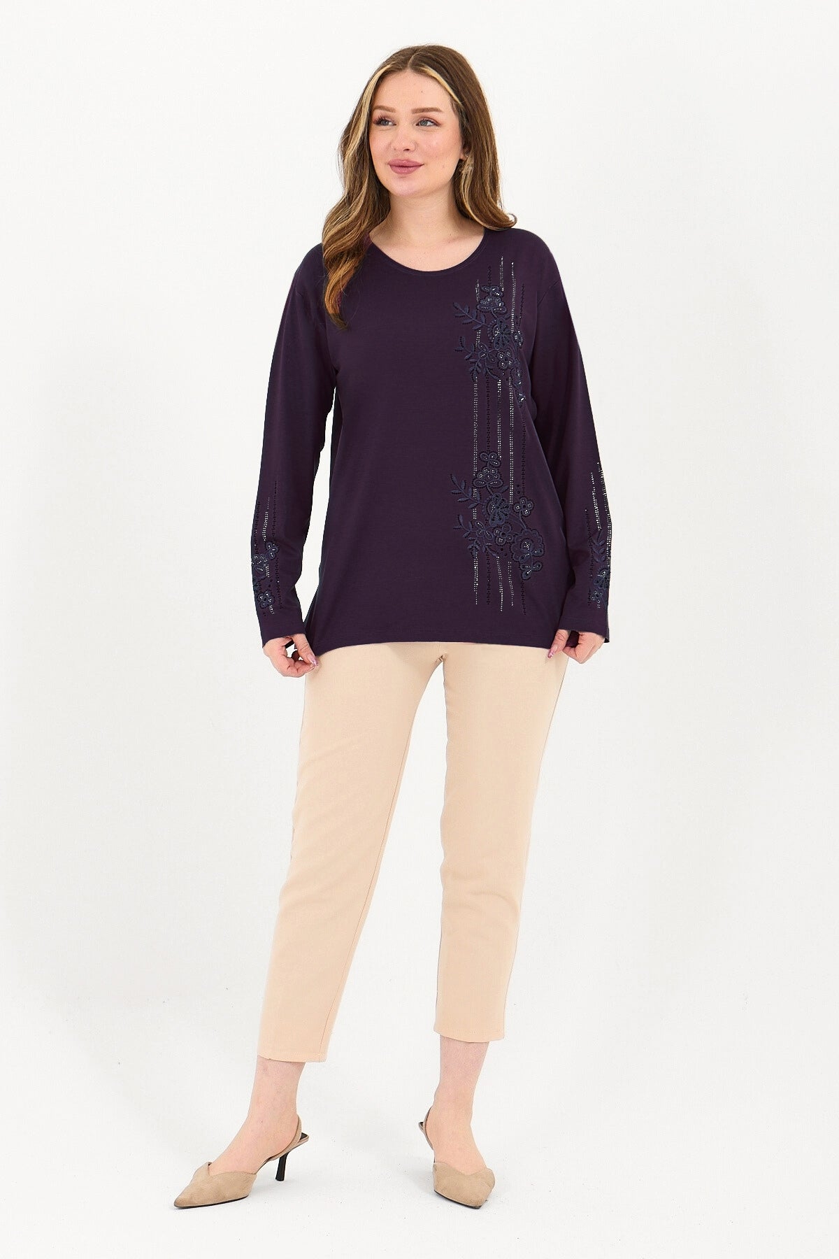 Kadın Kışlık Orta Yaş Ve Üzeri Viskon Şerit Desen Taşlı Işlemeli Likralı Anne Penye Bluz