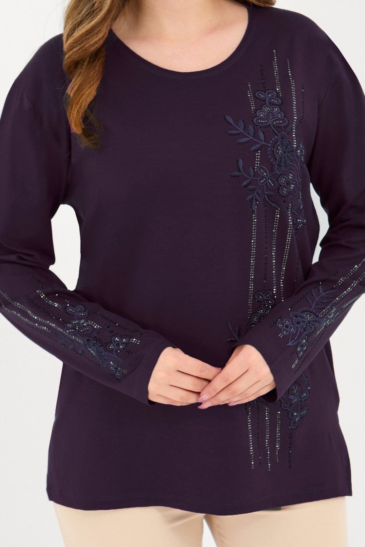 Kadın Kışlık Orta Yaş Ve Üzeri Viskon Şerit Desen Taşlı Işlemeli Likralı Anne Penye Bluz