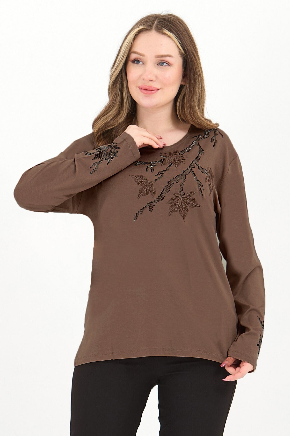 Kadın Orta Yaş Ve Üzeri Viskon Renkli Yaprak Desenli Taşlı İşlemeli Likralı Kahverengi Anne Penye Bl