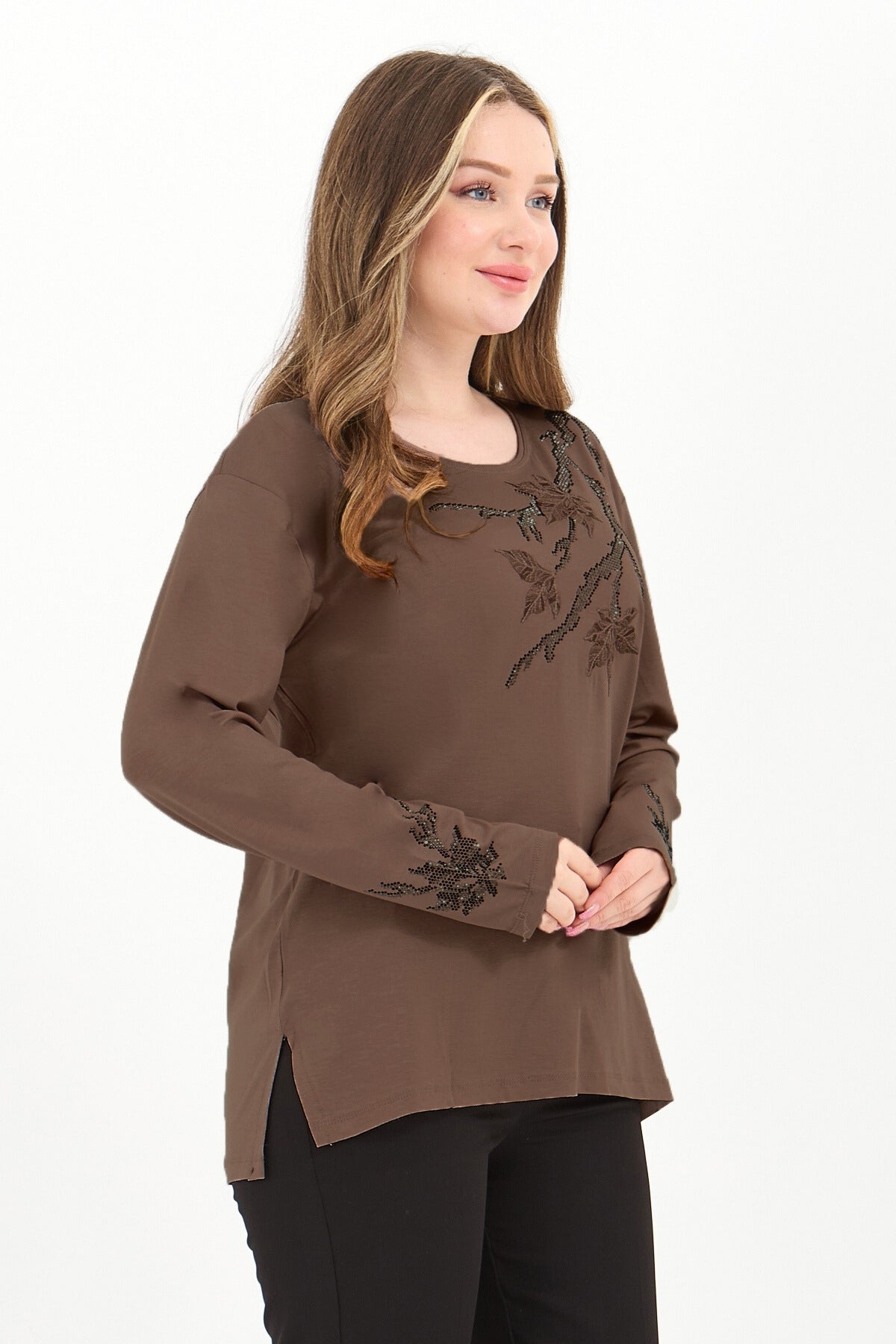 Kadın Orta Yaş Ve Üzeri Viskon Renkli Yaprak Desenli Taşlı İşlemeli Likralı Kahverengi Anne Penye Bl