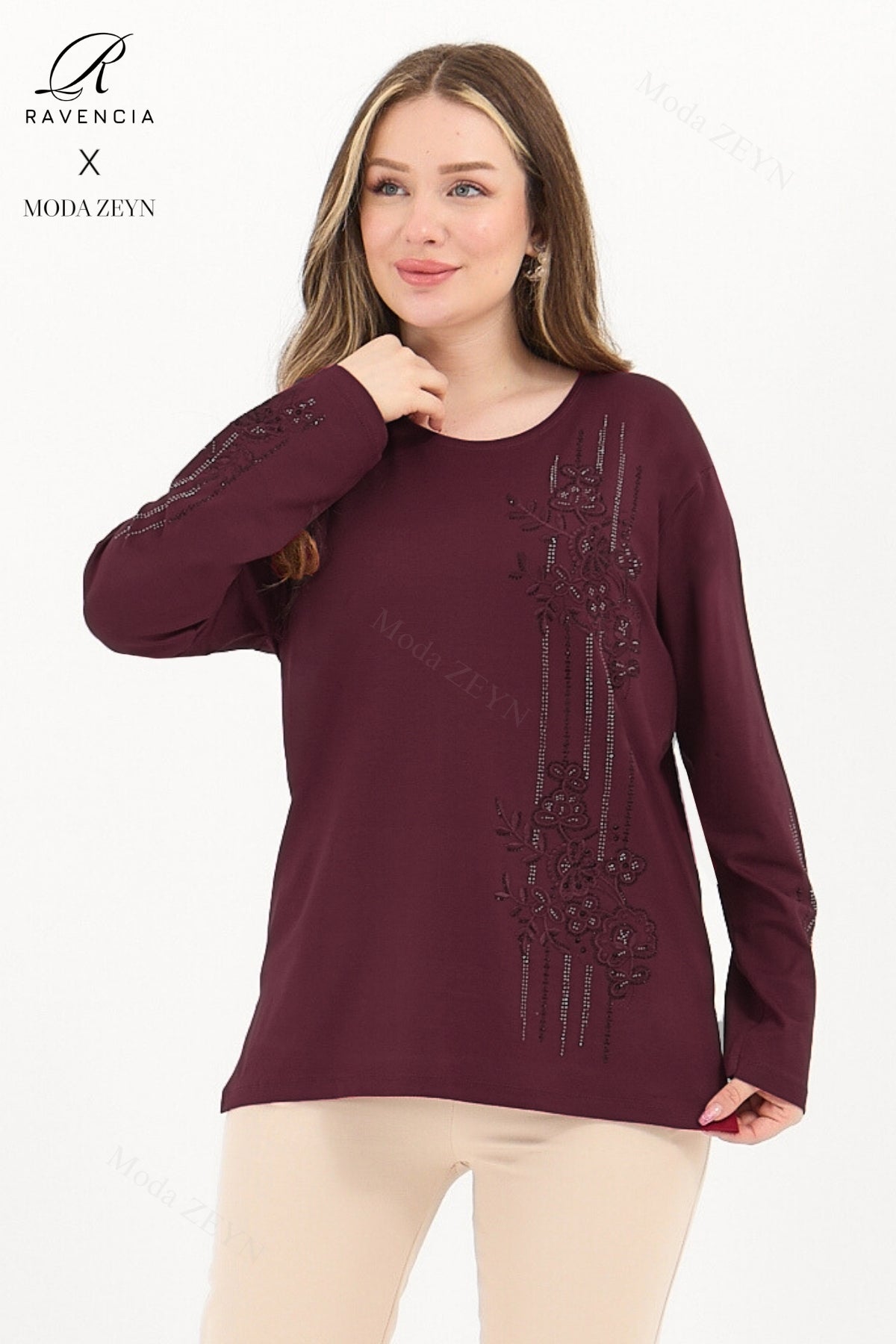 Kadın Orta Yaş Ve Üzeri Viskon Şerit Desen Taşlı Işlemeli Likralı Koyu Kahverengi Anne Penye Bluz