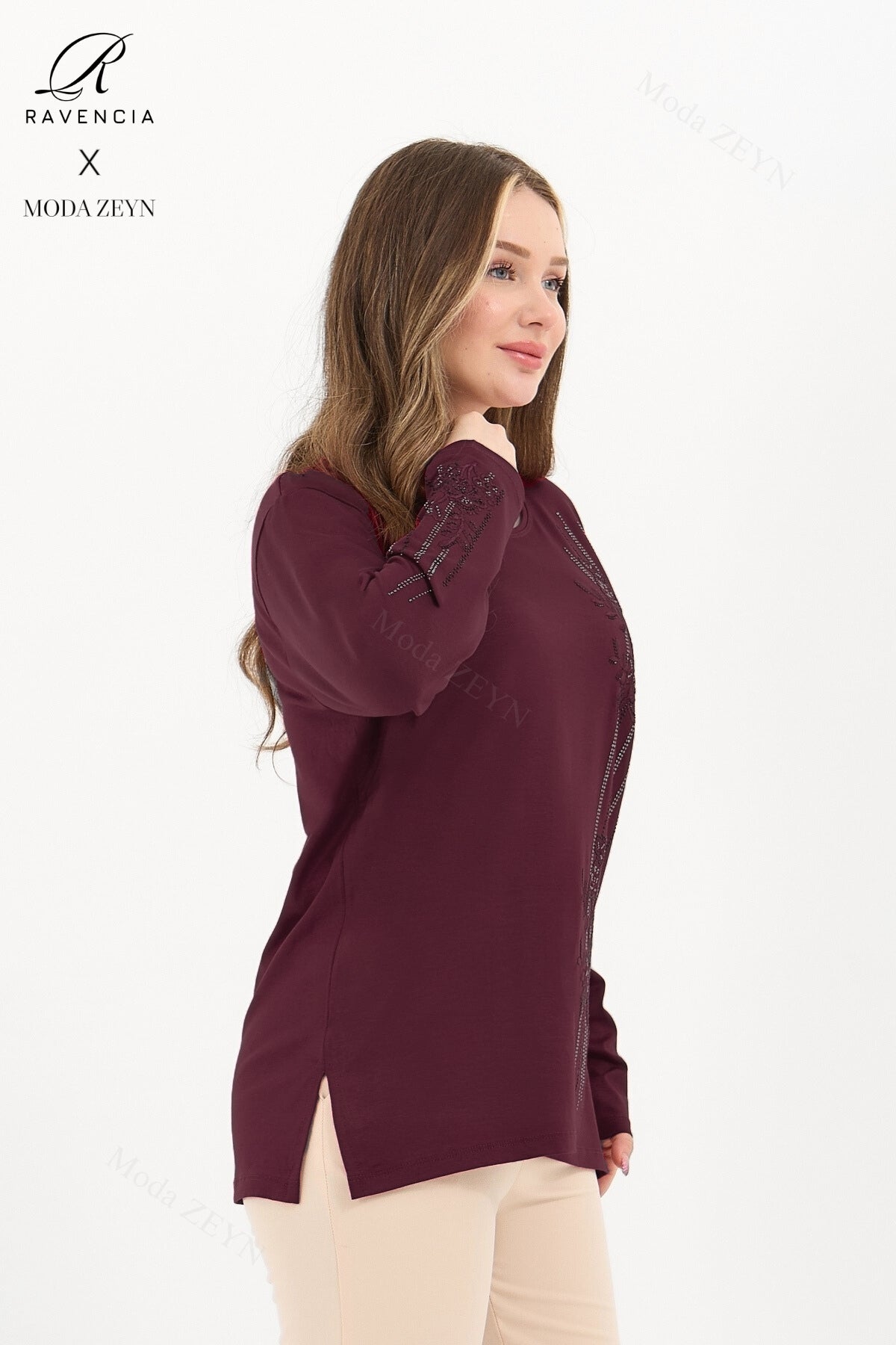 Kadın Orta Yaş Ve Üzeri Viskon Şerit Desen Taşlı Işlemeli Likralı Koyu Kahverengi Anne Penye Bluz