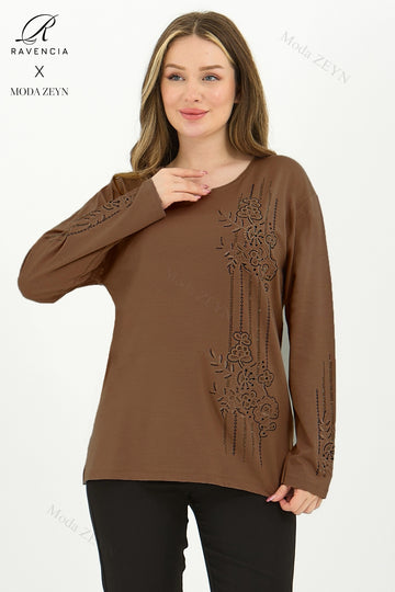 Kadın Şerit Desen Taşlı Işlemeli Yırtmaçlı Likralı Viskon Anne Penye Bluz