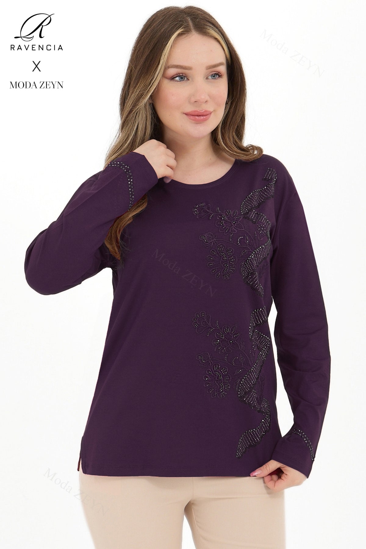 Kadın Orta Yaş Ve Üzeri Viskon Sarmal Desen Taşlı İşlemeli Likralı Yesil Anne Penye Bluz