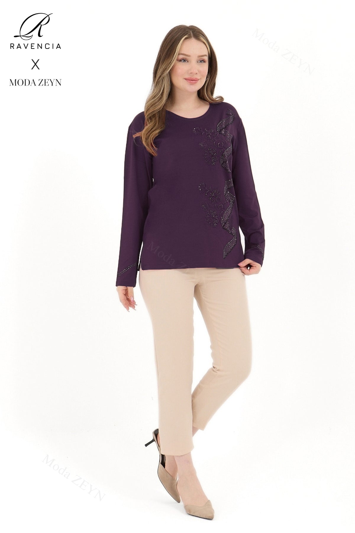 Kadın Orta Yaş Ve Üzeri Viskon Sarmal Desen Taşlı İşlemeli Likralı Yesil Anne Penye Bluz