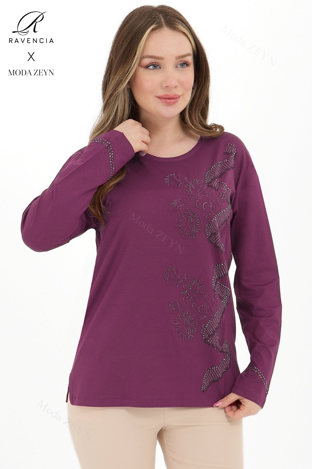 Kadın Orta Yaş Ve Üzeri Viskon Sarmal Desen Taşlı İşlemeli Likralı Yesil Anne Penye Bluz