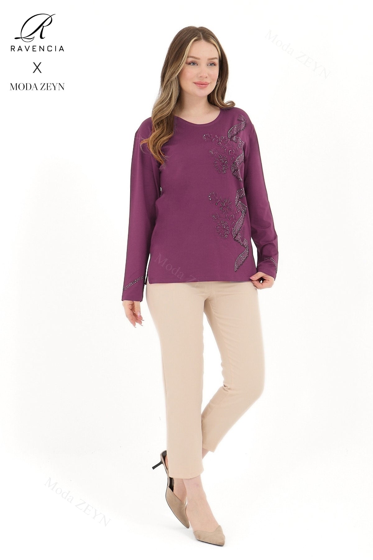 Kadın Orta Yaş Ve Üzeri Viskon Sarmal Desen Taşlı İşlemeli Likralı Yesil Anne Penye Bluz