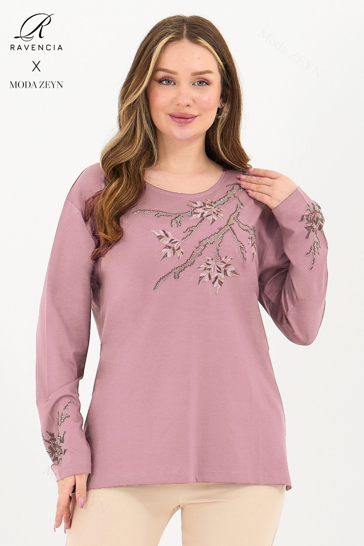 Kadın Viskon Renkli Yaprak Desenli Taşlı İşlemeli Likralı Anne Penye Bluz