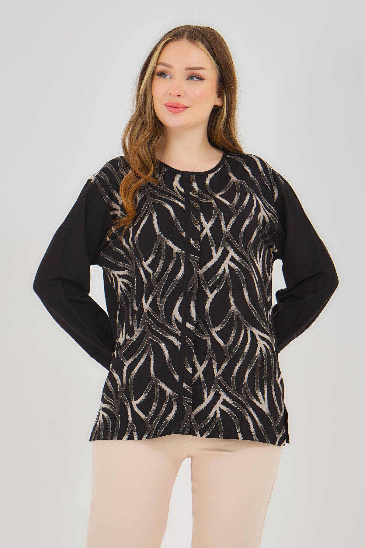 Kadın Simli Cizgi Desenli Anne Penye Bluz