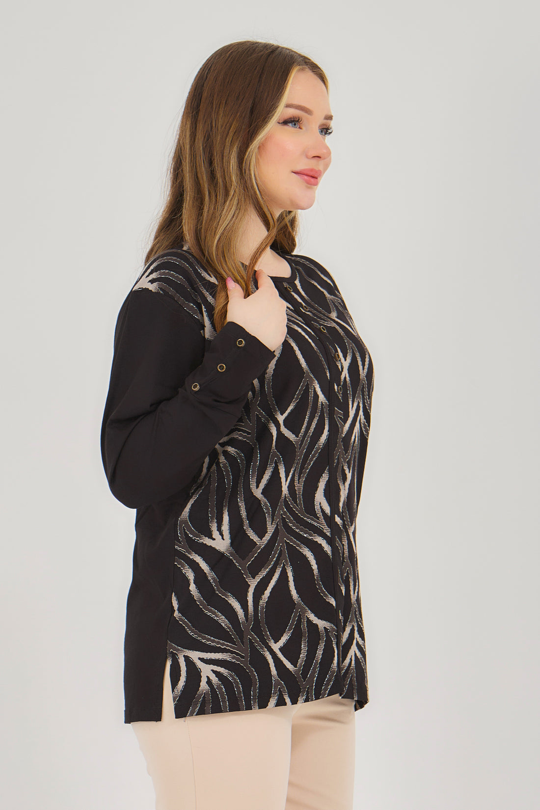 Kadın Simli Cizgi Desenli Anne Penye Bluz