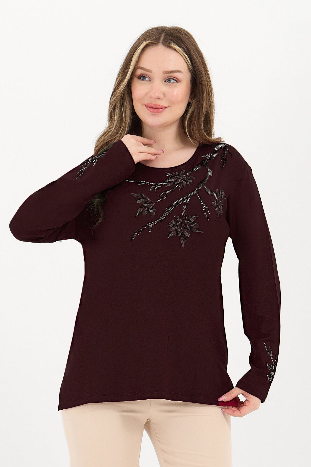 Kadın Orta Yaş Ve Üzeri Viskon Renkli Yaprak Desenli Taşlı İşlemeli Likralı Kahverengi Anne Penye Bl