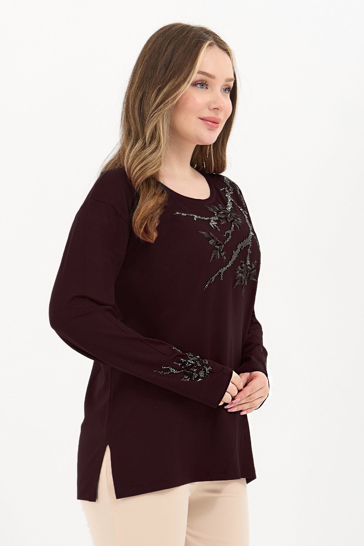 Kadın Orta Yaş Ve Üzeri Viskon Renkli Yaprak Desenli Taşlı İşlemeli Likralı Kahverengi Anne Penye Bl