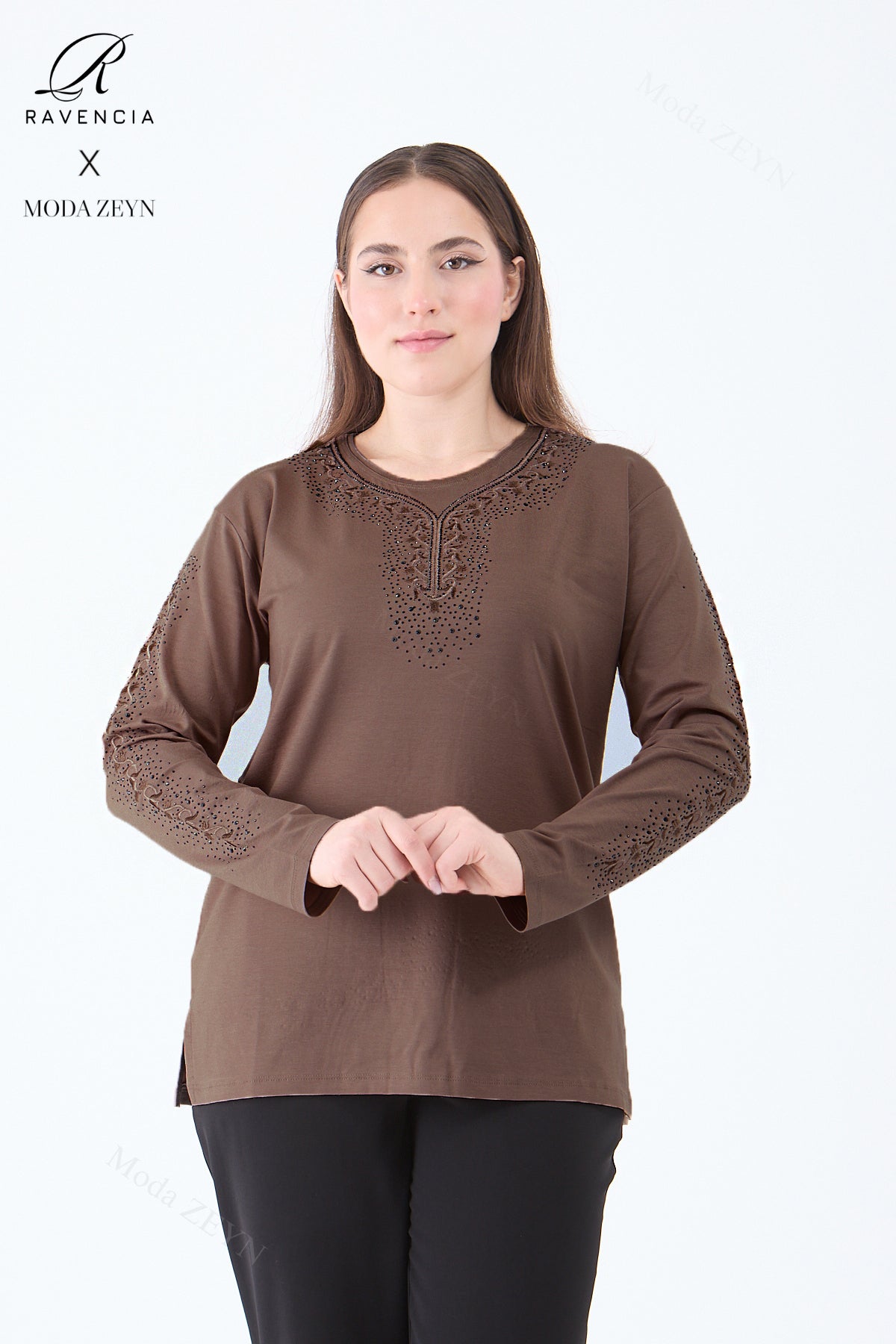 Kadın Orta Yaş Ve Üzeri Viskon Şerit Çiçek Desen Taşlı Işlemeli Likralı Koyu Kahverengi Anne Penye B