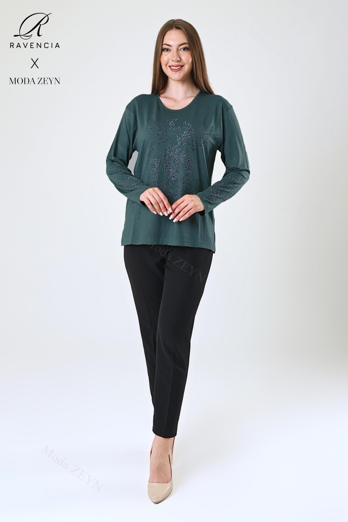 Kadın Viskon Yeni Kaplama Desen Taşlı Işlemeli Likralı Anne Penye Bluz