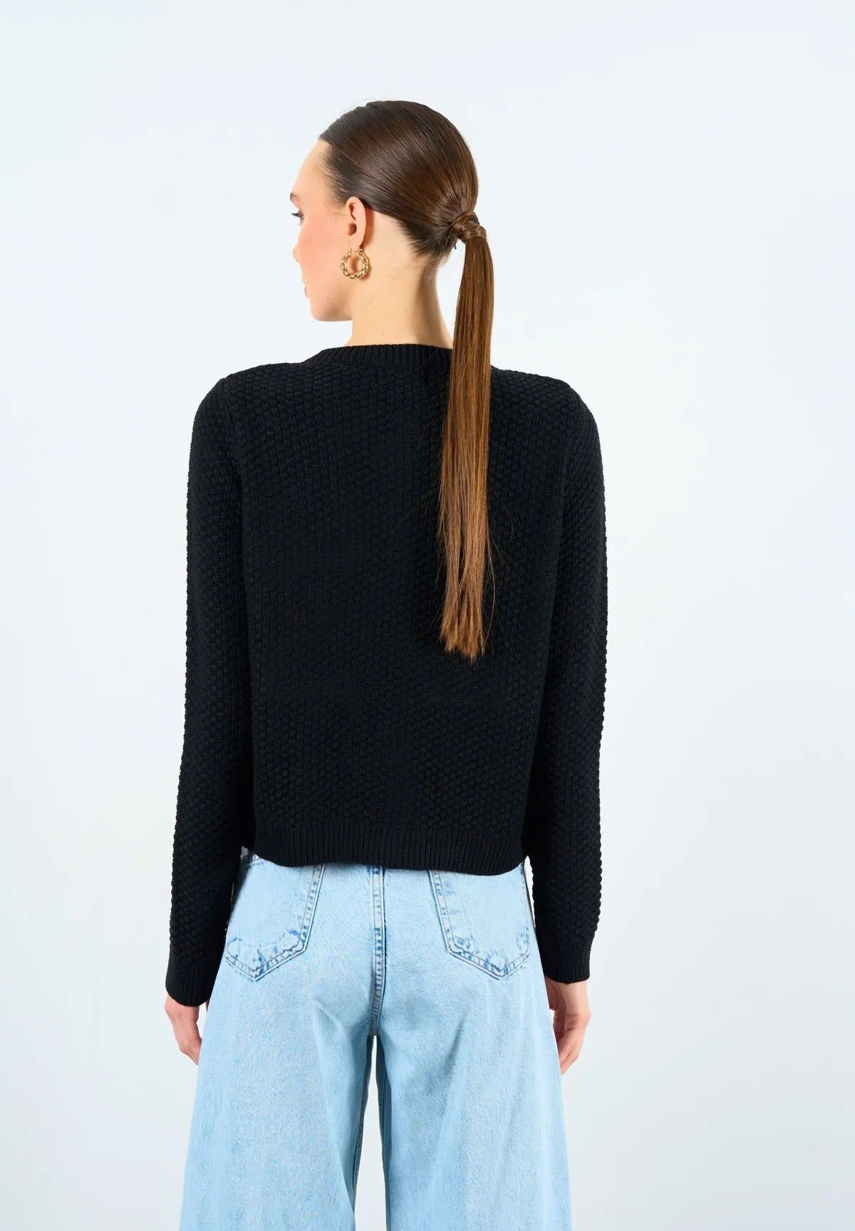 Kadın Bisiklet Yaka Dokulu Cepli Füme Hırka