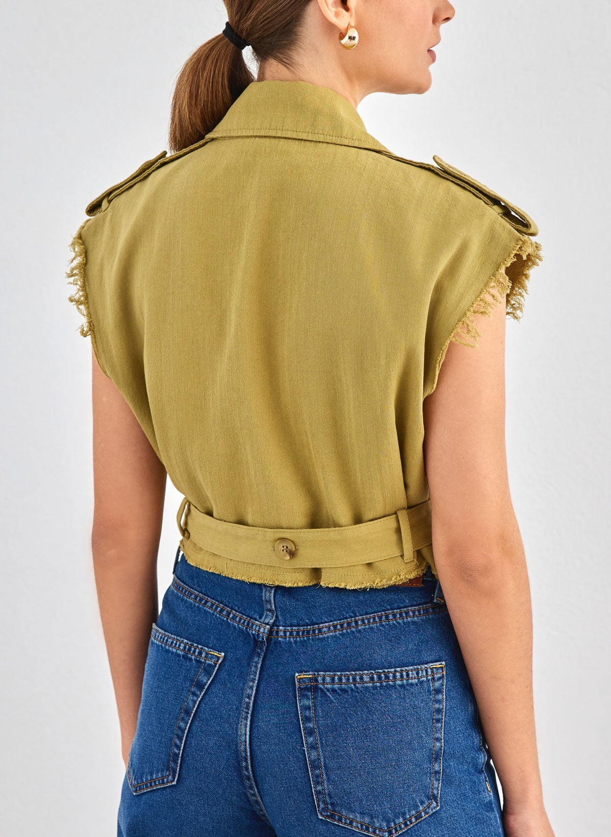 Kadın Cep Detaylı Ceket Yaka Düğmeli Kuşaklı Yelek