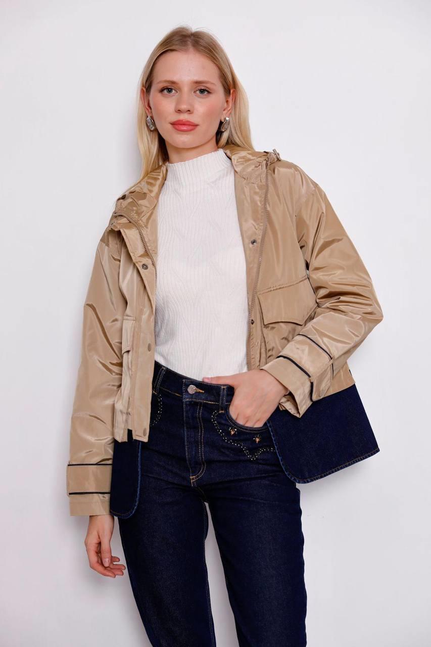 Kadın Premium Kapşonlu Astarlı Kot Detaylı Camel Trenç Çeket