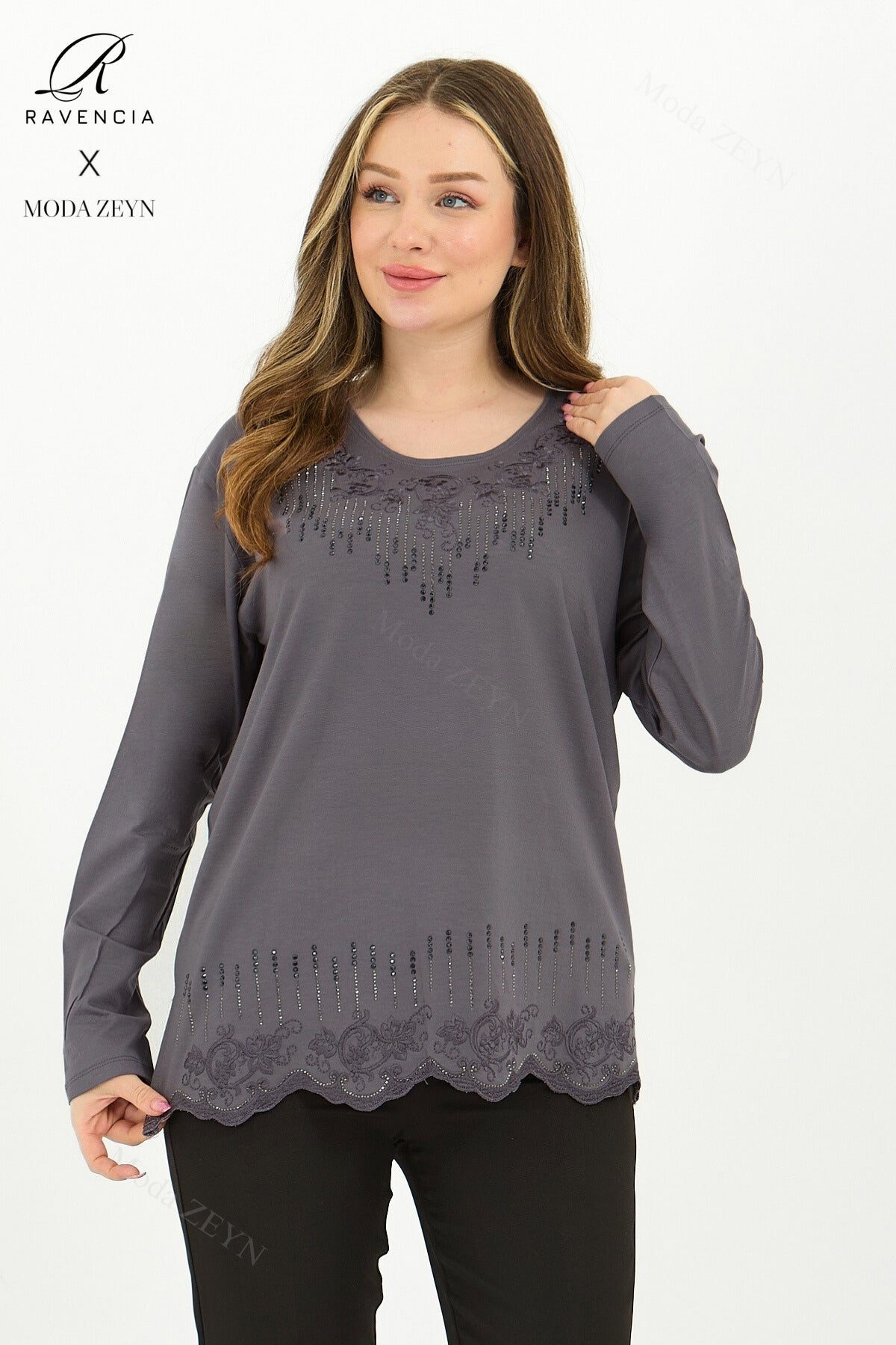 Kadın Damla Desen Taşlı İşlemeli Likralı Yırtmaçlı Viskon Anne Penye Bluz