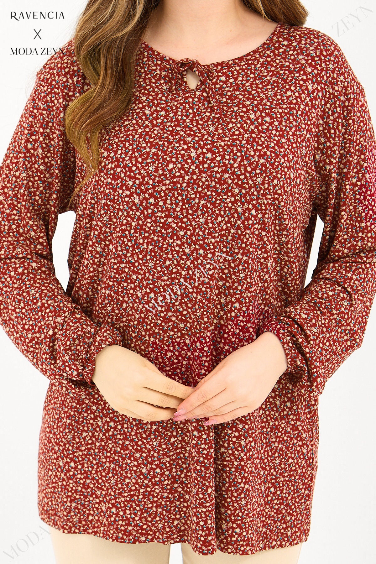 Kadın Orta Yaş Ve Üzeri Puantiyeli Baskılı Likralı Kiremit Anne Penye Bluz