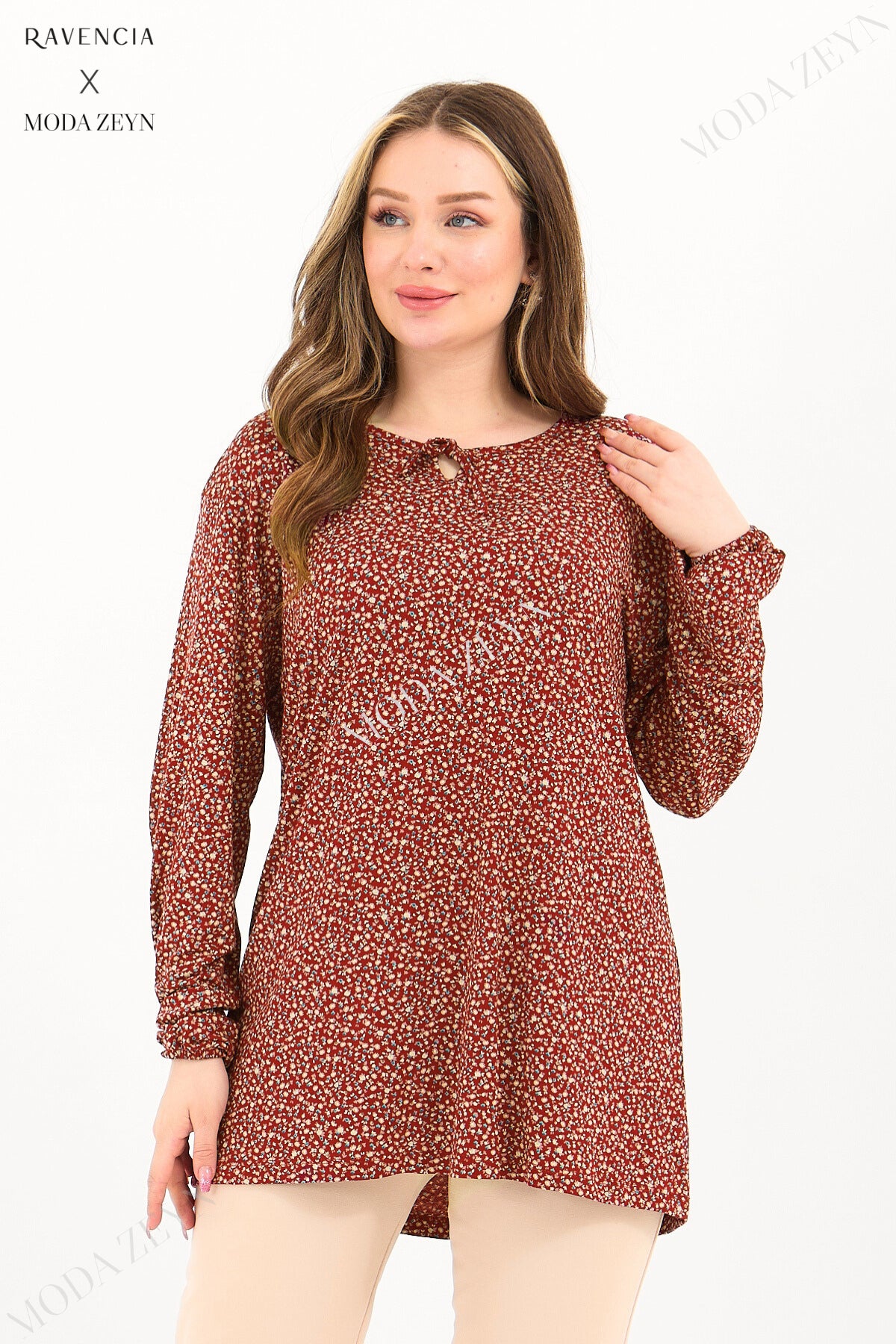 Kadın Orta Yaş Ve Üzeri Puantiyeli Baskılı Likralı Kiremit Anne Penye Bluz