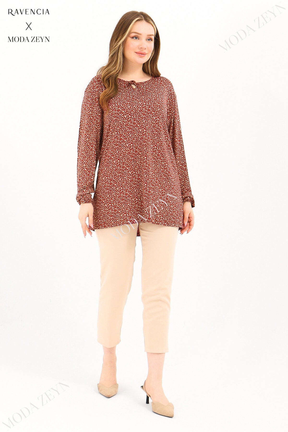 Kadın Orta Yaş Ve Üzeri Puantiyeli Baskılı Likralı Kiremit Anne Penye Bluz