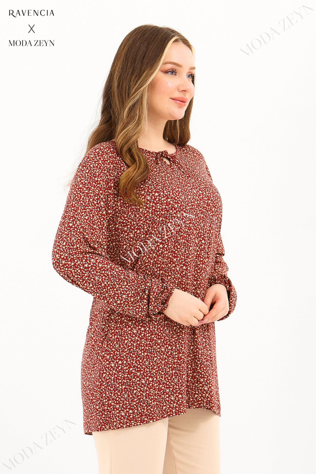 Kadın Orta Yaş Ve Üzeri Puantiyeli Baskılı Likralı Kiremit Anne Penye Bluz