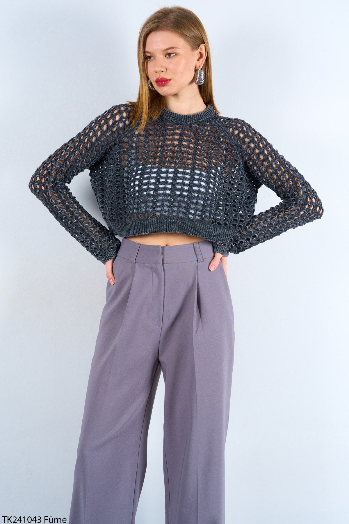 Kadın Mevsimlik Ajurlu Triko Crop Kazak