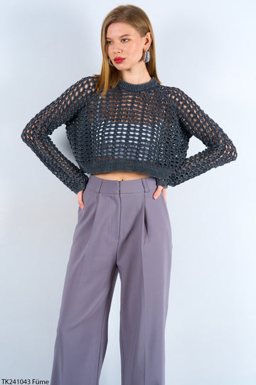 Kadın Mevsimlik Ajurlu Triko Crop Kazak