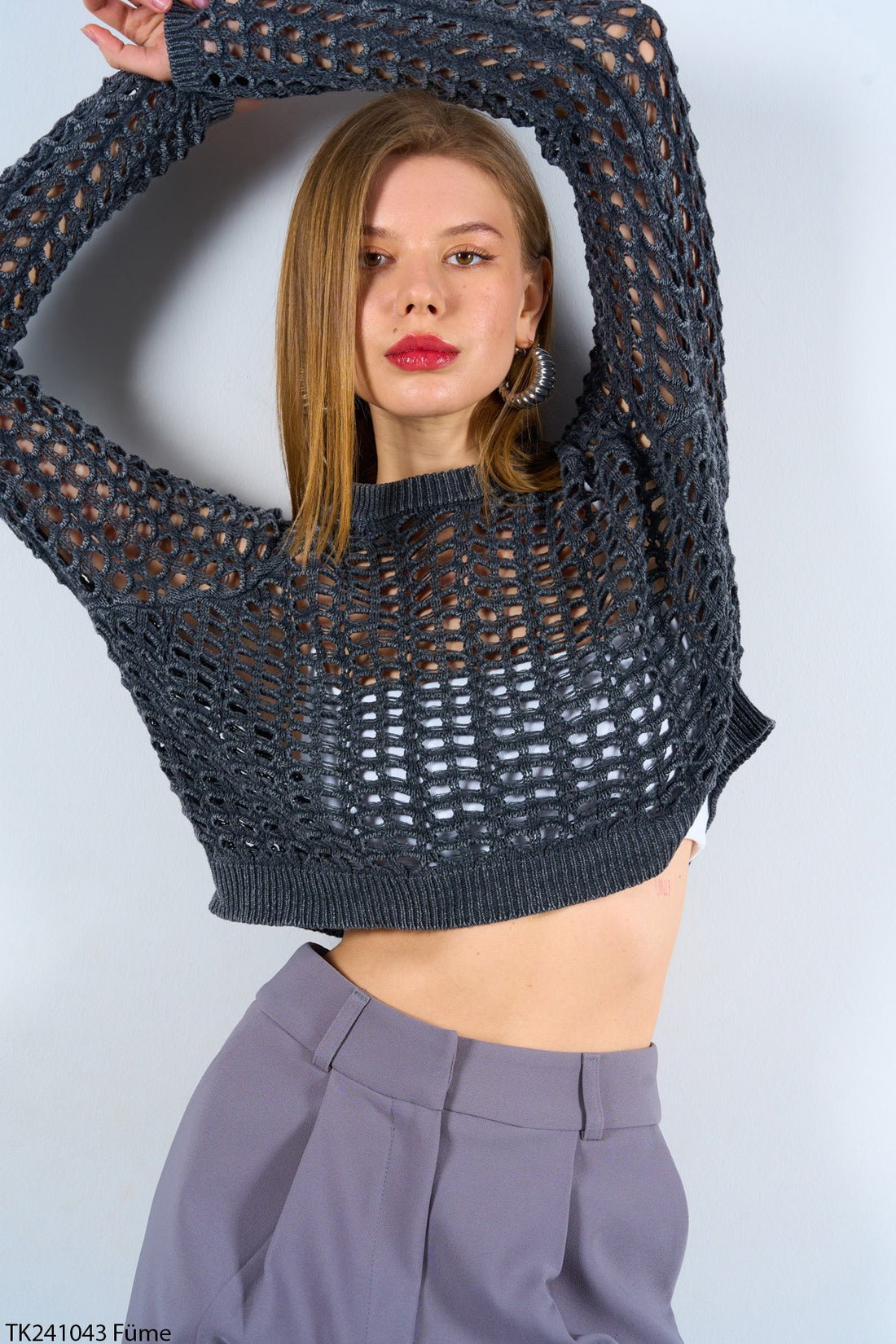 Kadın Mevsimlik Ajurlu Triko Crop Kazak