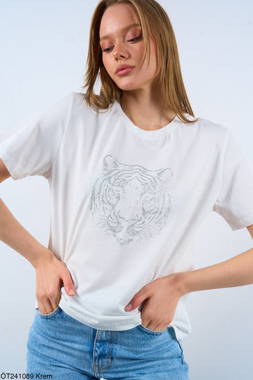 Kadın Kaplan Baskılı %100 Pamuk Krem T-Shirt
