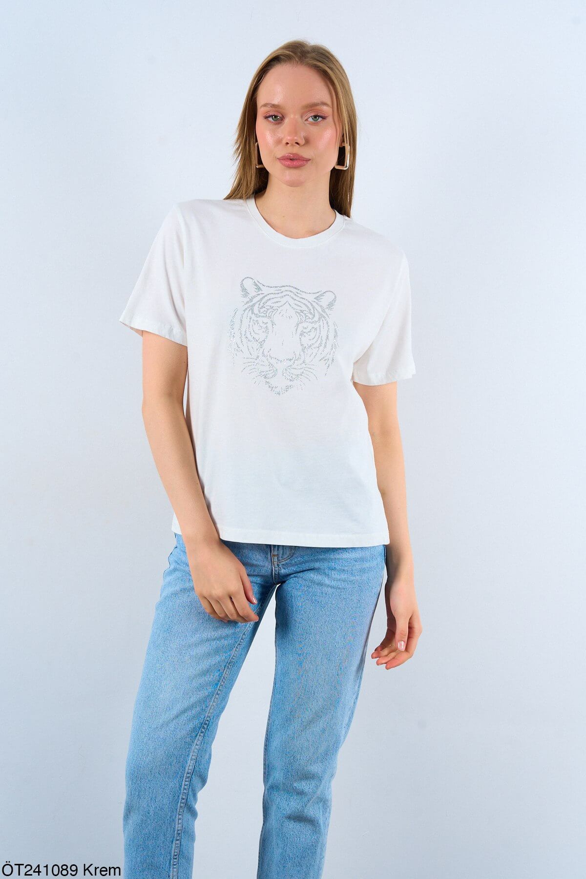 Kadın Kaplan Baskılı %100 Pamuk Krem T-Shirt