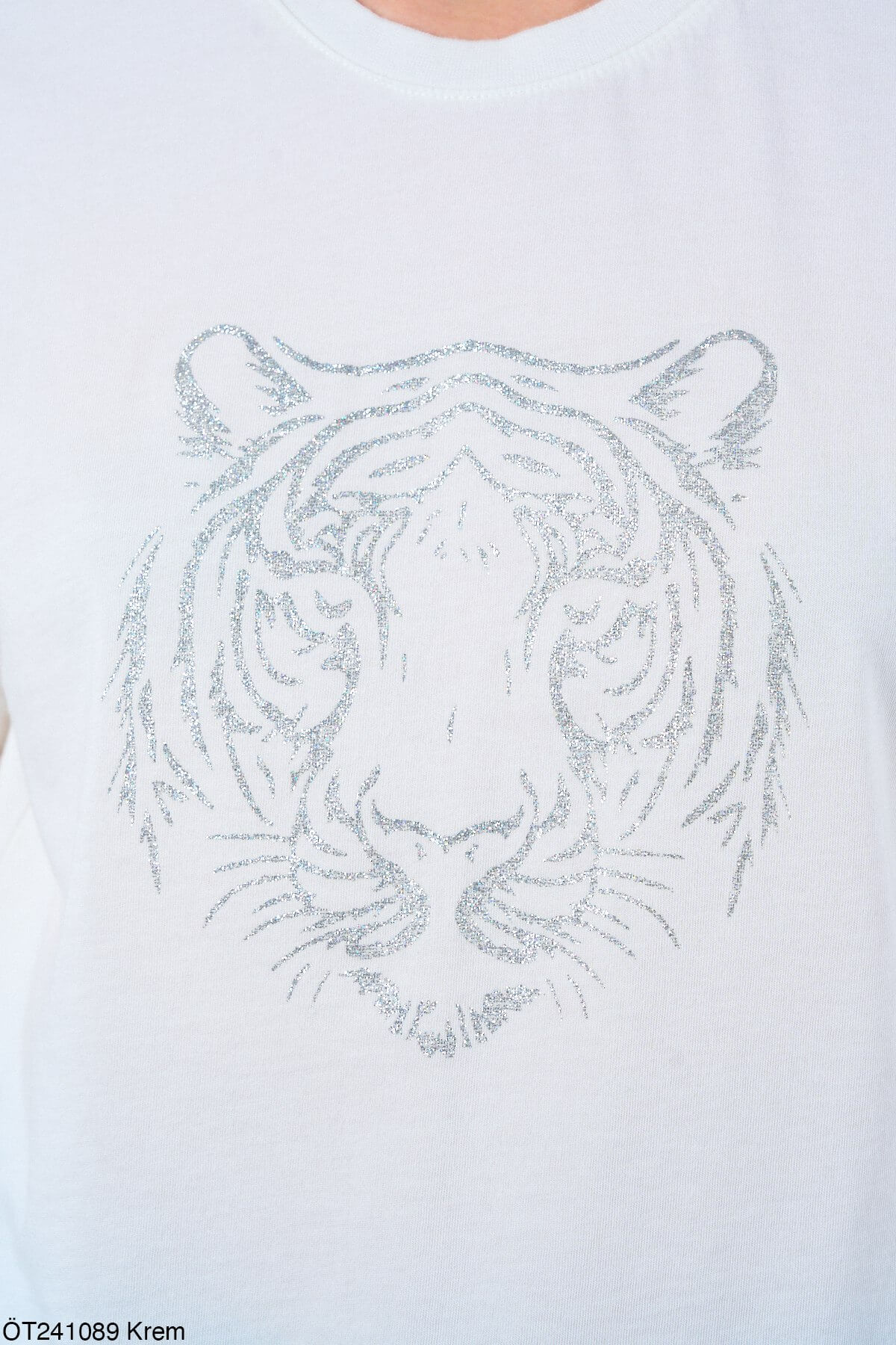 Kadın Kaplan Baskılı %100 Pamuk Krem T-Shirt