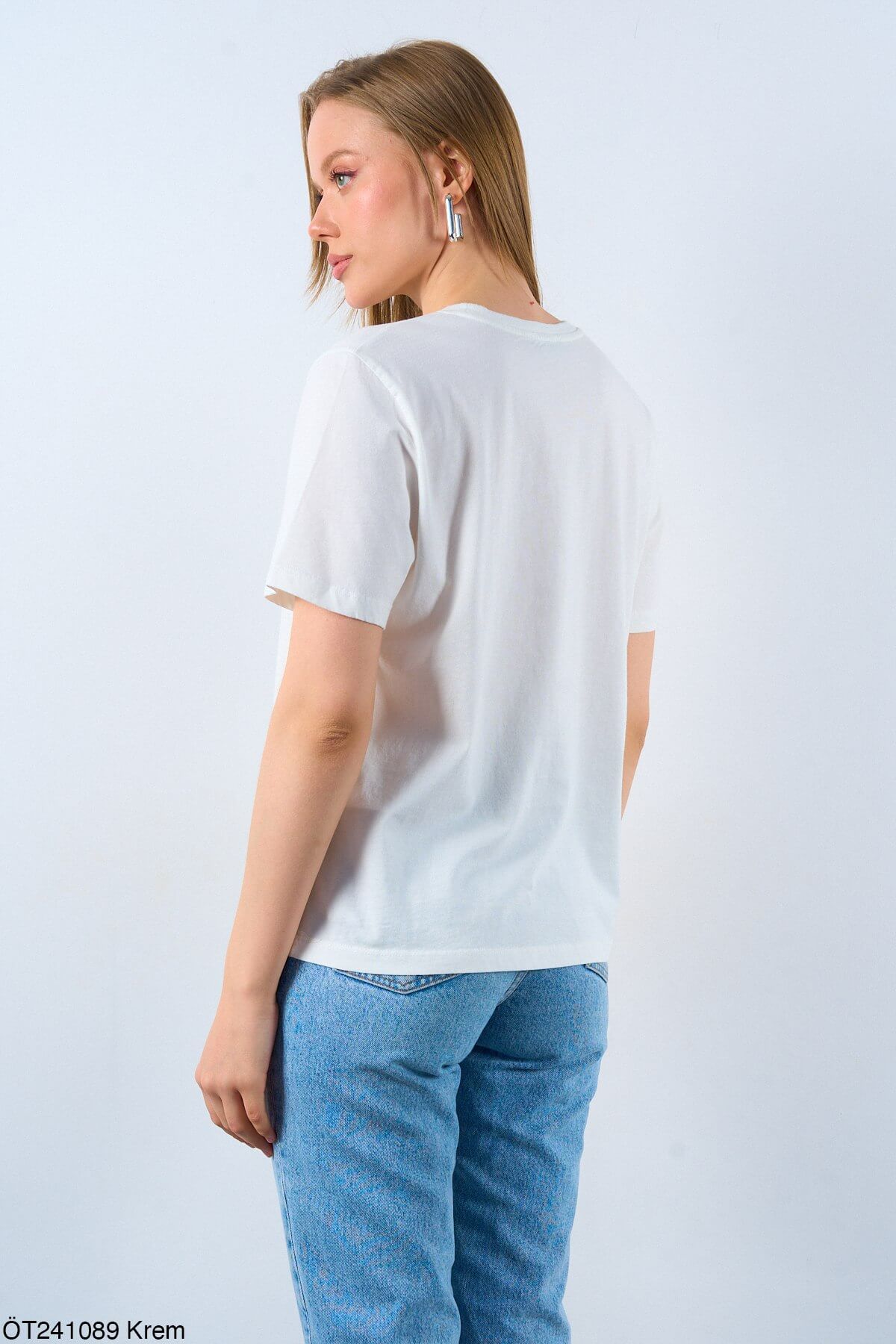 Kadın Kaplan Baskılı %100 Pamuk Krem T-Shirt