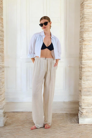 Kadın Ham Keten Bol Kesim Beli Lastikli Krem Pantolon