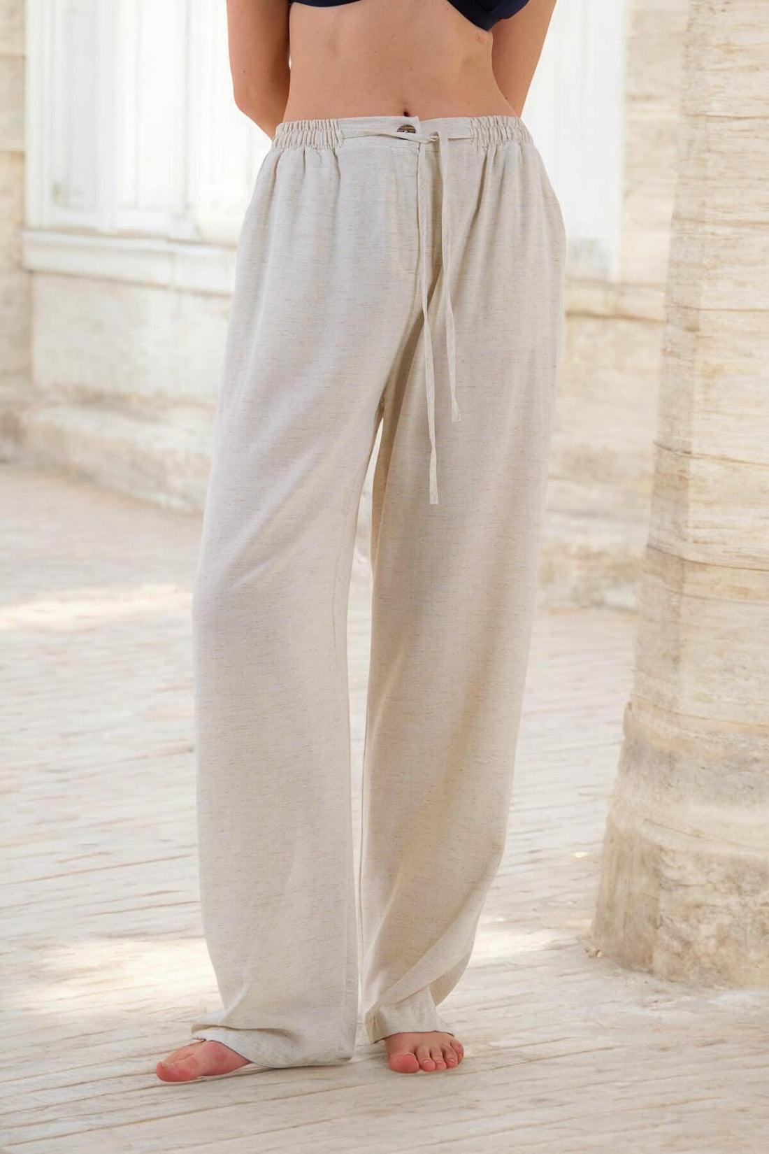 Kadın Ham Keten Bol Kesim Beli Lastikli Krem Pantolon