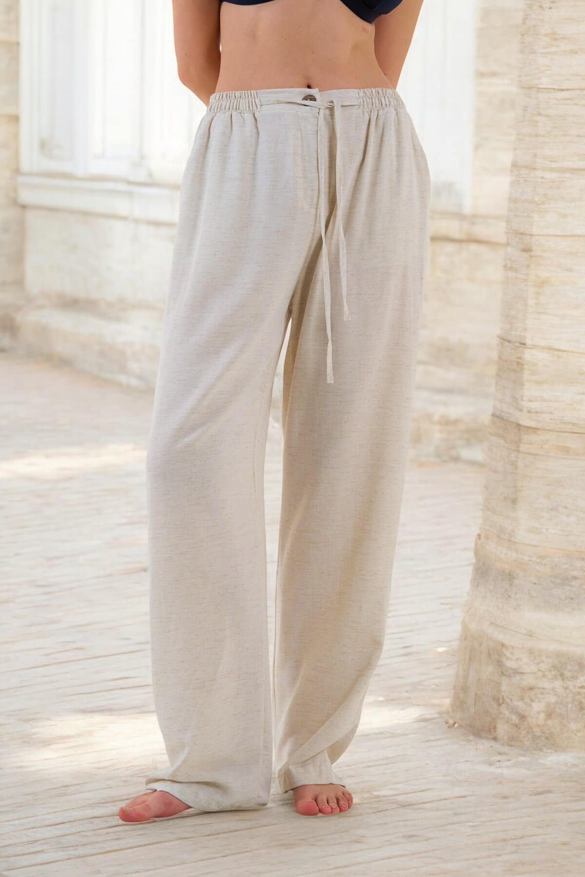 Kadın Ham Keten Bol Kesim Beli Lastikli Krem Pantolon