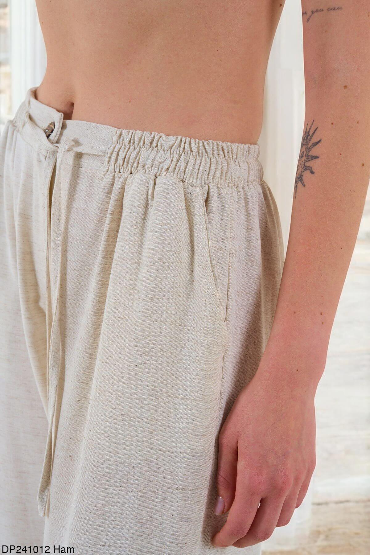 Kadın Ham Keten Bol Kesim Beli Lastikli Krem Pantolon