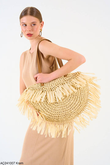 Kadın Premium Kalite Hasır Örme Astarlı Fermualı Krem Canta