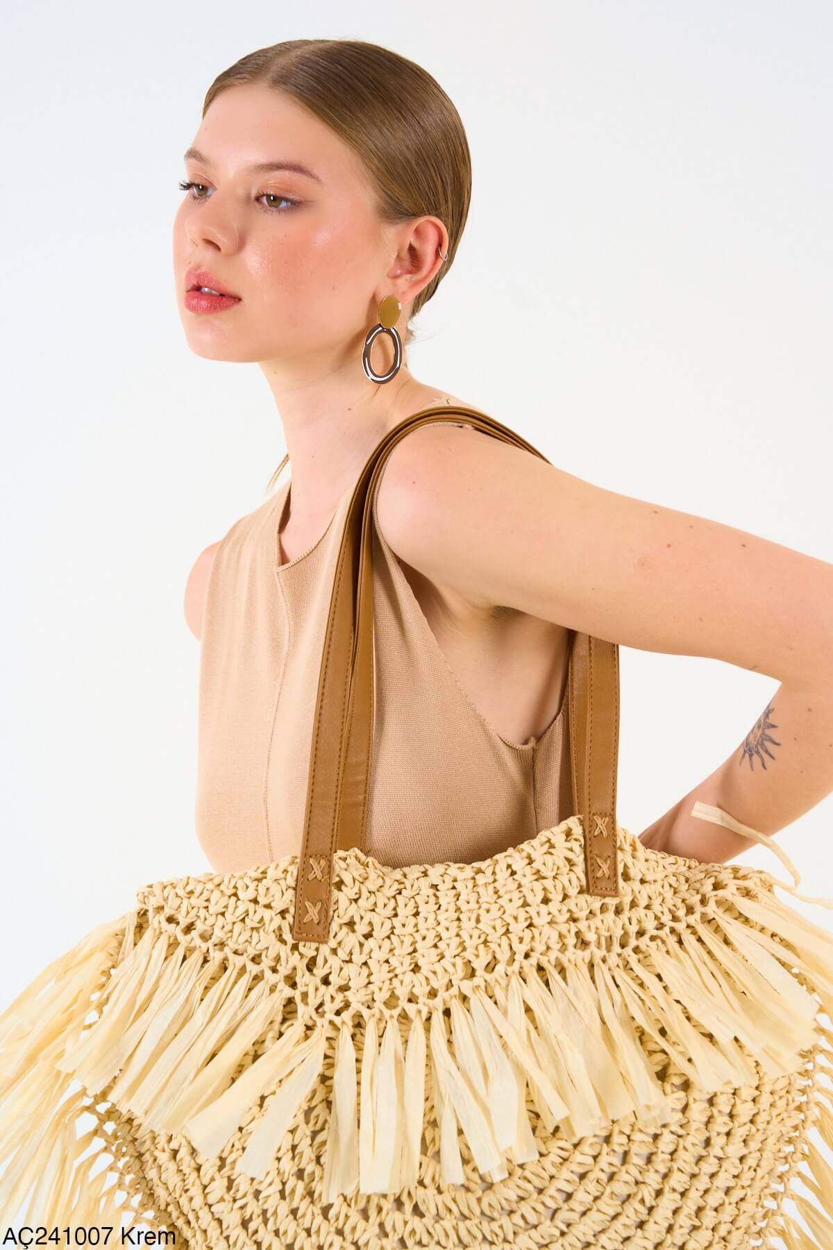 Kadın Premium Kalite Hasır Örme Astarlı Fermualı Krem Canta