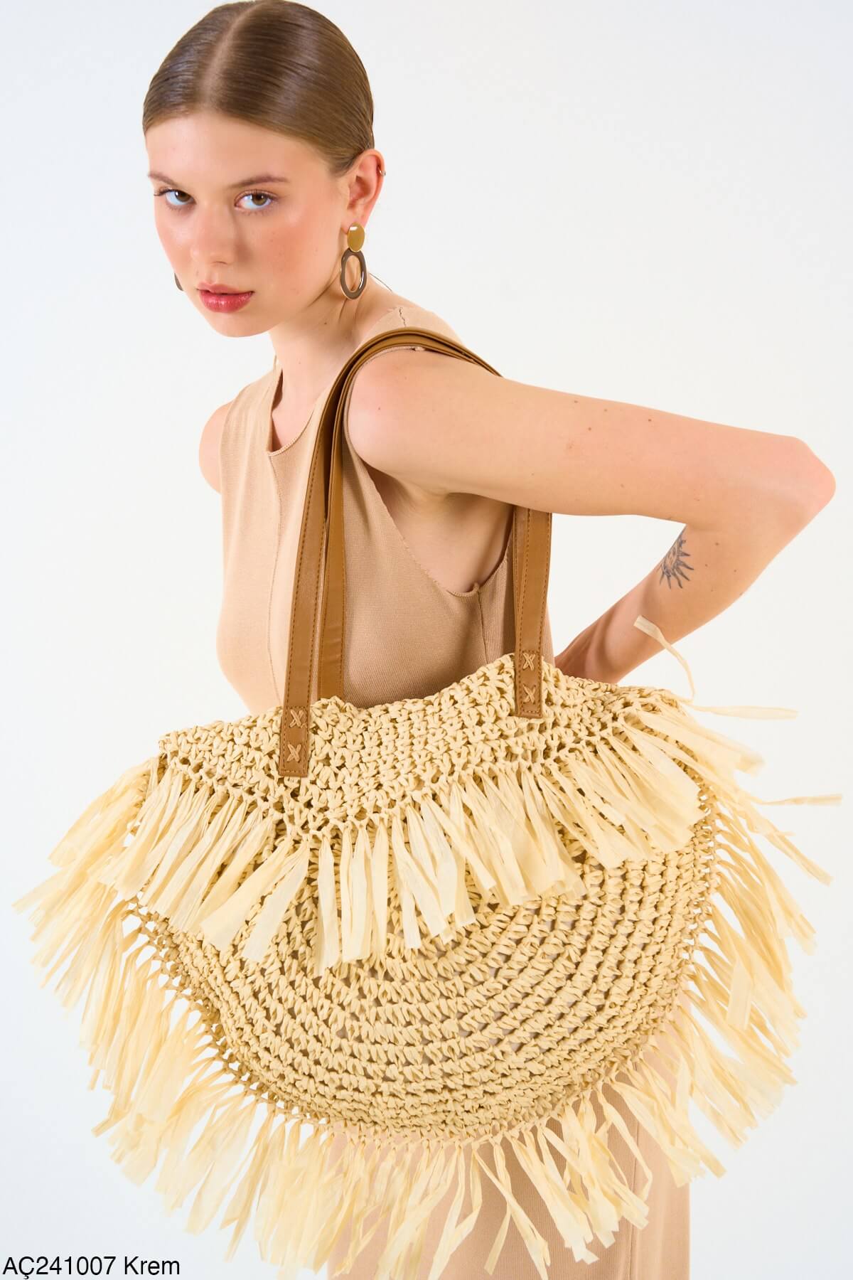 Kadın Premium Kalite Hasır Örme Astarlı Fermualı Krem Canta