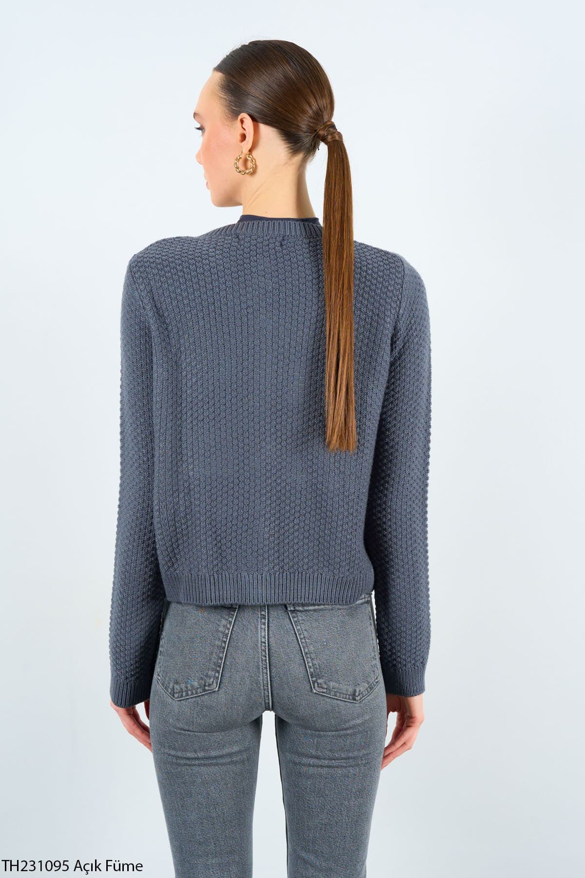 Kadın Bisiklet Yaka Dokulu Cepli Füme Hırka