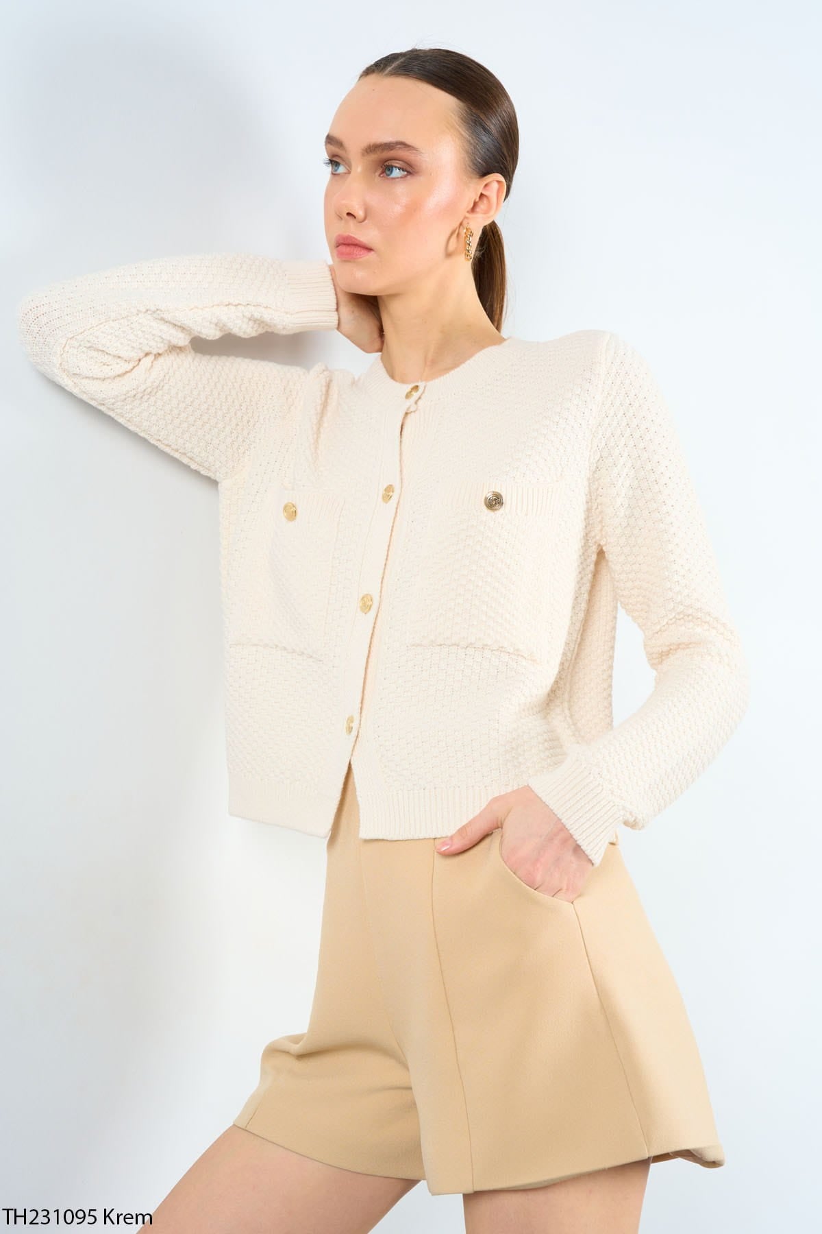 Kadın Bisiklet Yaka Dokulu Cepli Füme Hırka