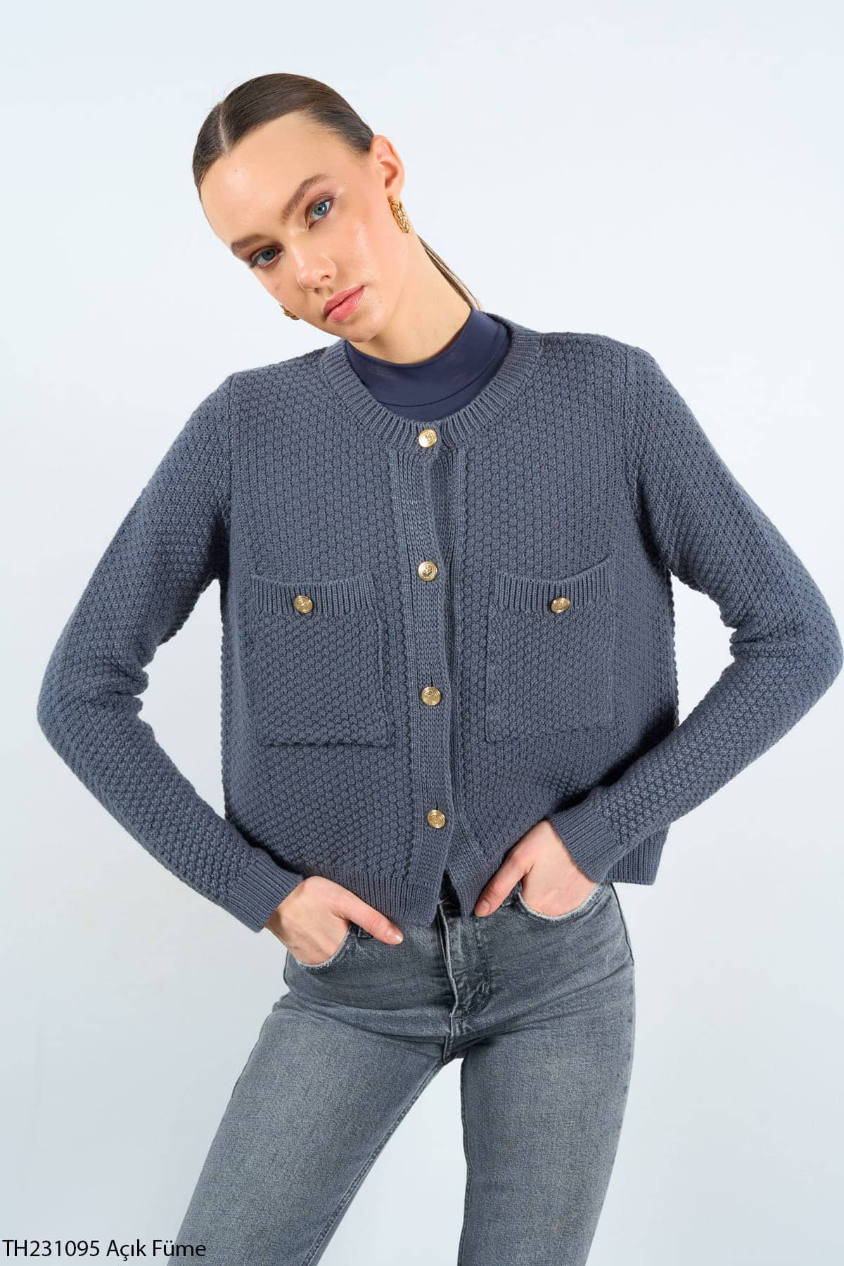 Kadın Bisiklet Yaka Dokulu Cepli Füme Hırka