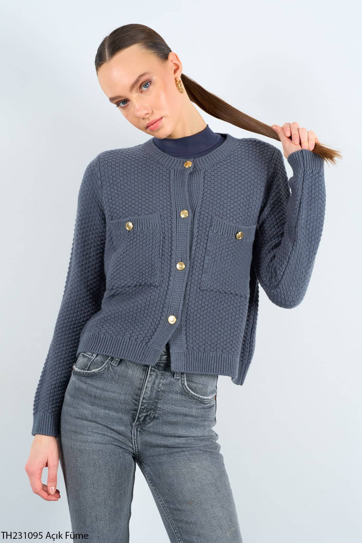 Kadın Bisiklet Yaka Dokulu Cepli Füme Hırka