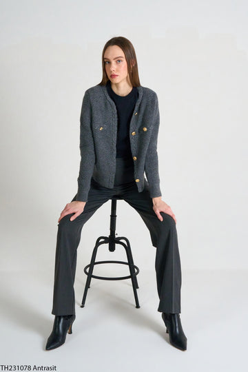 Kadın Antrasit Saç Örgülü Düğmeli Triko Hırka