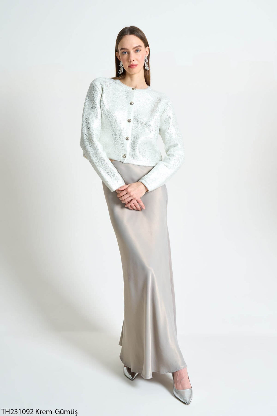 Kadın Gold Düğme Detaylı Varaklı Triko GümüşHırka