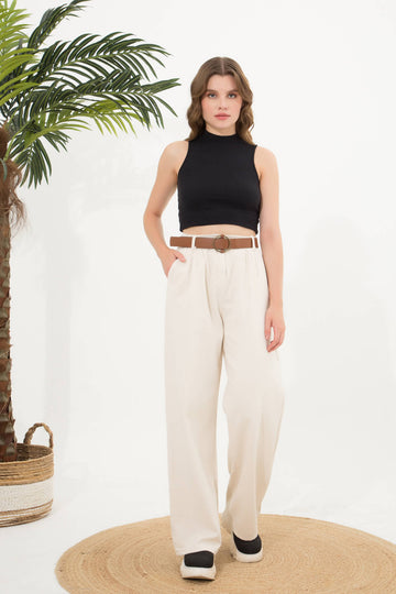 Kadın Kemerli Pileli Palazzo Pantolon