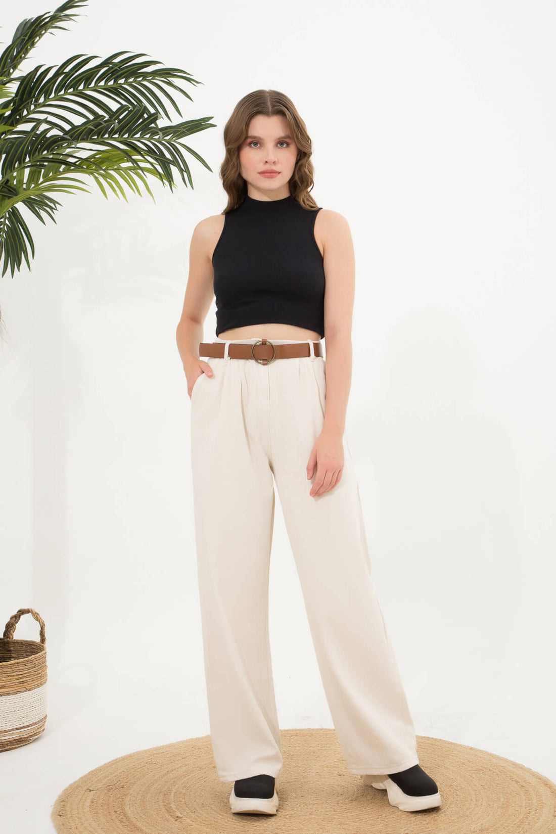 Kadın Kemerli Pileli Palazzo Pantolon