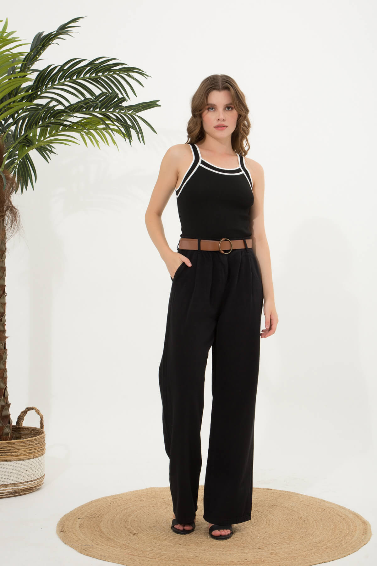 Kadın Kemerli Pileli Palazzo Pantolon